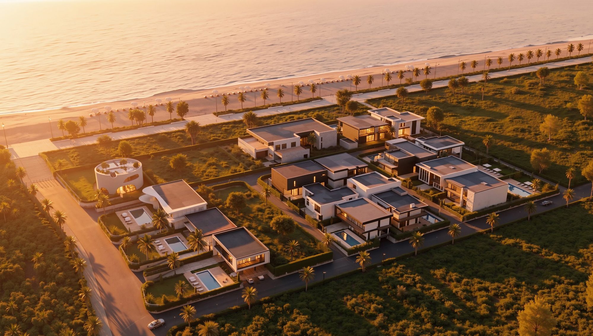 Aerial view of a seaside villa neighbourhood at sunset
