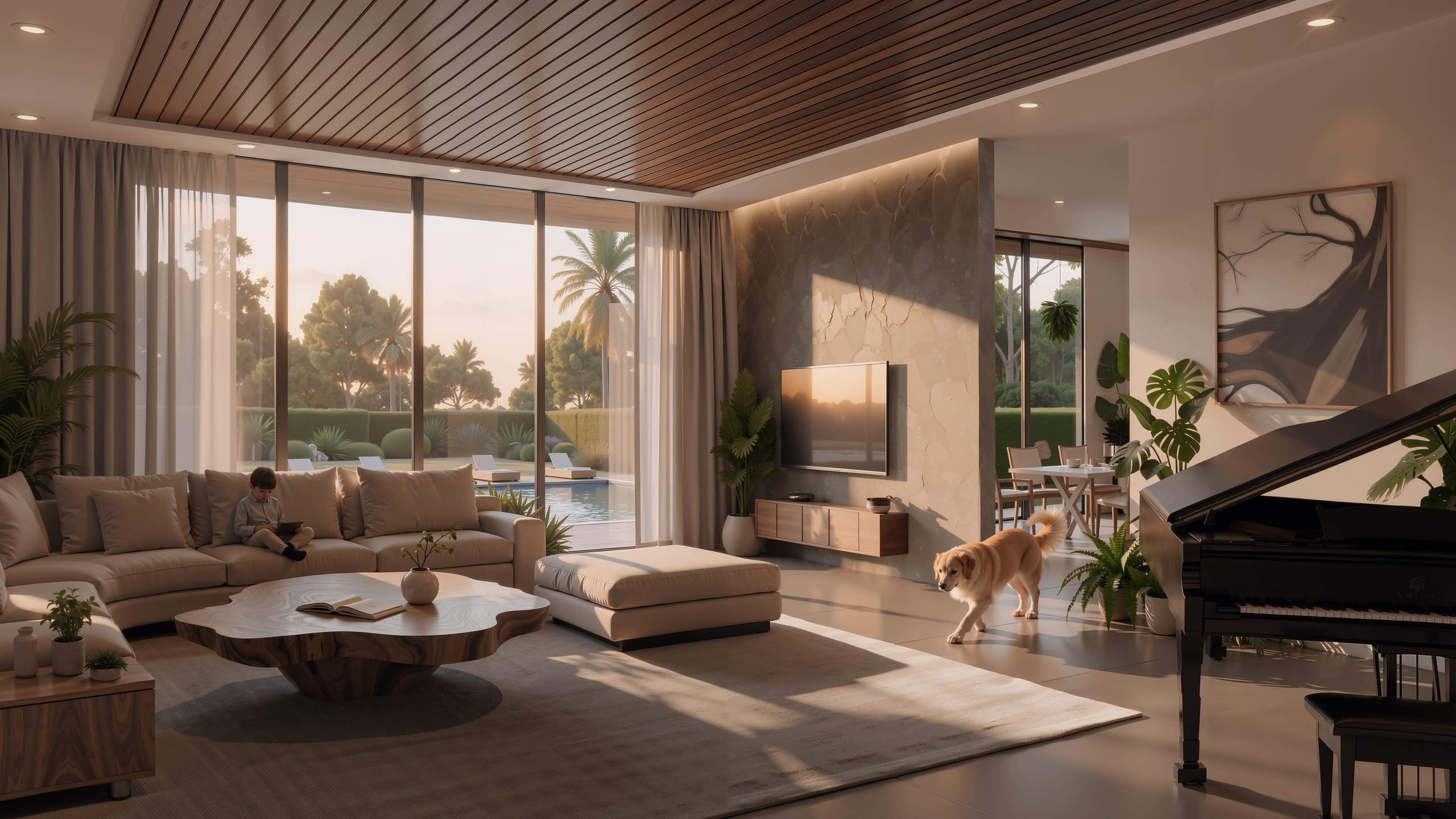 Residential interiors: living room at sunset with a view to the pool