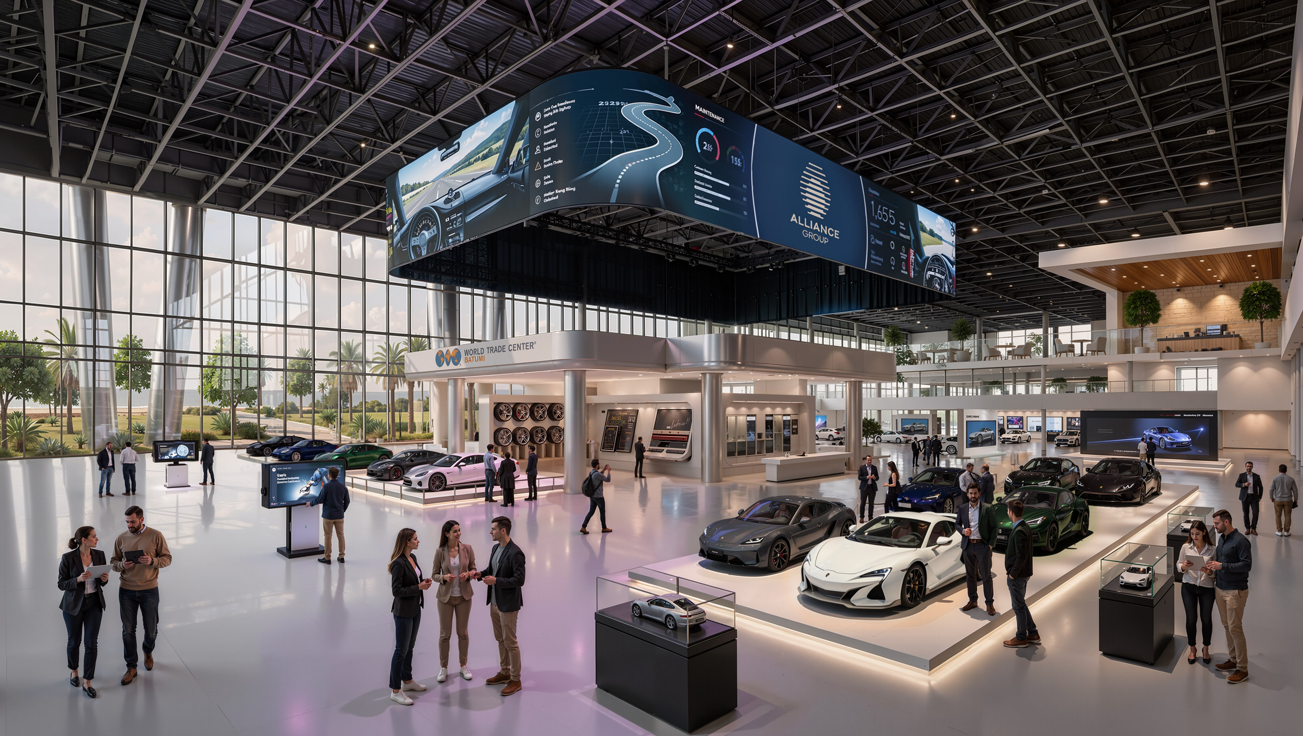 Mixed-use development, Batumi: car showroom hall with a suspended LED screen